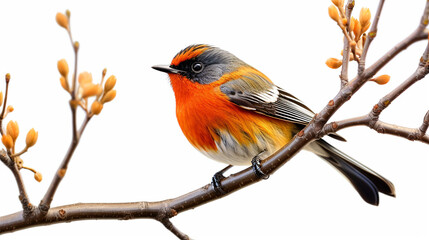 Fototapeta premium fascinated blue and orange bird perching on thin wood isolated on white background, Chinese blue flycatcher (Cyornis glaucicomans) Made with generative ai