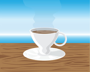 vector of a glass or bowl with a handle and base, a small white plate containing tea with the effect of steam rising upwards on a brown wooden table with a blue sky background