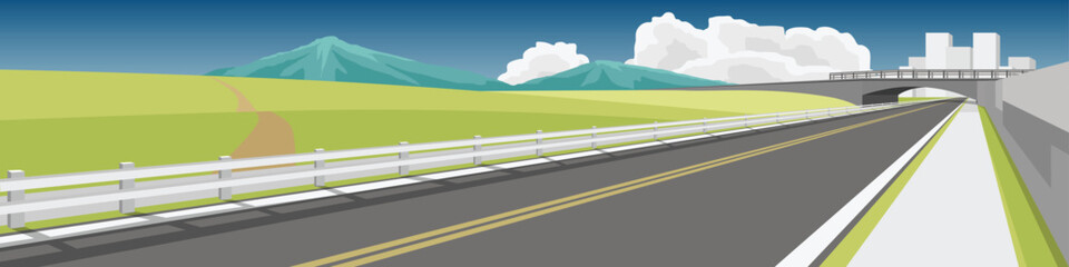 Vector or Illustration of landscape straight asphalt road cuts through wide open fields of green grass. Fences and walkways side of the road. Bridge crossing in front. Big city far away. under sky.