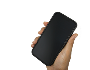 hand holding black phone on transparent background png file