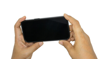 hand holding black phone on transparent background png file