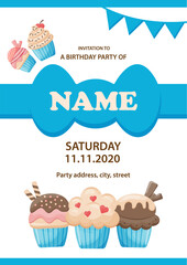 Children's birthday invitation. Delicious cupcake. Vector illustration
