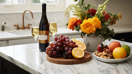 A marble counter top with fruit and a bottle