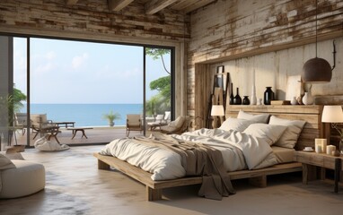 Wabi-sabi bedroom with sea view through the window. Generative AI