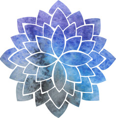 Silhouette of a stylized blue purple lotus flower drawn in watercolor, floral rounded pattern - 654135227