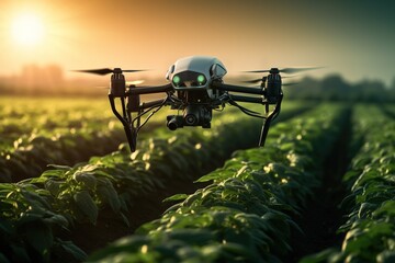 The drone flies over a field of grown green plants against the sunset background. The concept of artificial intelligence and innovative technologies. - obrazy, fototapety, plakaty