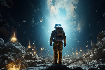 An astronaut walks on a rocky surface against a background of bright light. The concept of artificial intelligence and innovative technologies. - obrazy, fototapety, plakaty