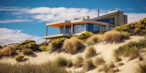 Modern house with a lot windows, sandy dunes. Generative AI