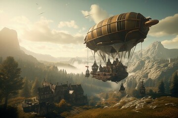 An airship hovers above a scenery. Generative AI