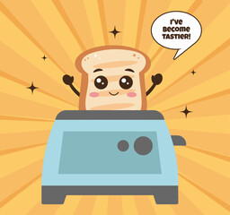 A cheerful and cute toast in a toaster on a bright background. Vector illustration