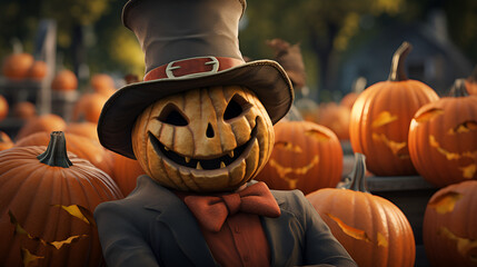 A close-up view of a scarecrow, featuring a pumpkin head adorned with a dapper top hat and stylish bow tie.