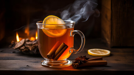A hot cup of apple cider with a slice of lemon and cinnamon near a fireplace 