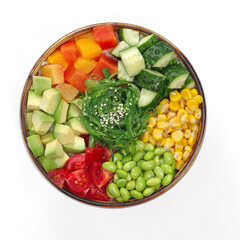 Vegetarian poke bowl on white background, POKE menu, food for delivery. Restaurant menu. top view.