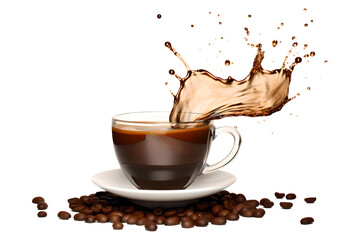 Flying Cup Of Coffee With Splash And Coffee Beans Isolated In a Transparent Background, Generative AI