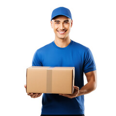 delivery man with parcel box wearing blue t-shirt and cap