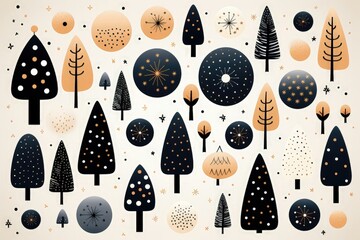 An abstract festive background image for Christmas, showcasing iconic Christmas trees and snowflakes against a clean white background, creating a holiday-inspired scene. Illustration