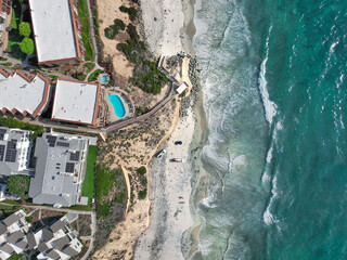 Aerial view of Del Mar Shores, California coastal cliffs and House with blue Pacific ocean. San...