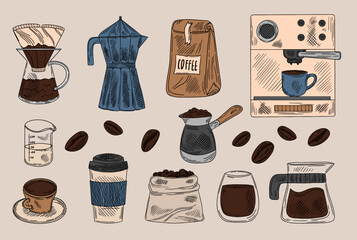 Set for coffee. Isolated coffee elements. French press, coffee machine, mug, cup, milk pitcher, kettle. Vector illustration