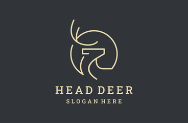 Head Deer logo line icons. Wild reindeer outdoor brand label.