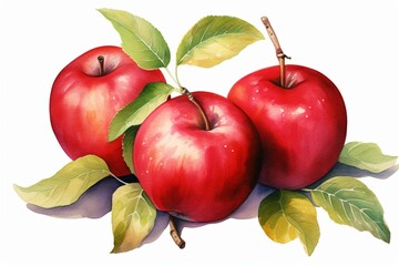 Illustration of red apples and leaves in a watercolor style. Generative AI