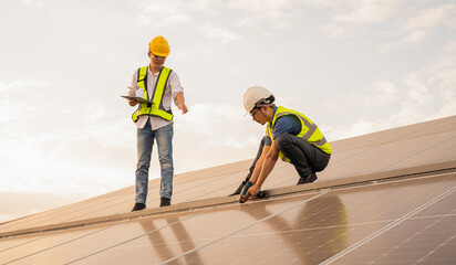 Engineer working on checking equipment in solar power plant,Technology solar energy renewable.