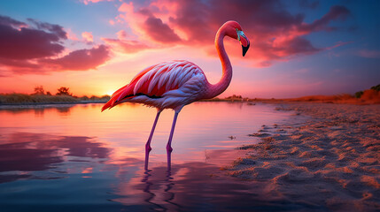 Birds Pink Flamingos Walk on the Lake at the Pink Sunset in Cyprus. Made with generative ai