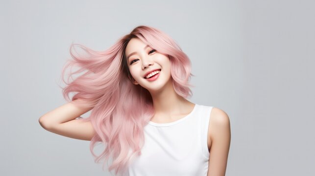 A Young Asian woman with pink hair posing in a studio.