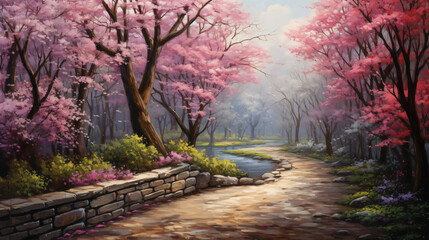 A painting of a path in a park with pink flowers