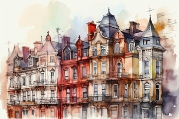 Fototapeta na wymiar Watercolor illustration of urban architecture. Generative AI