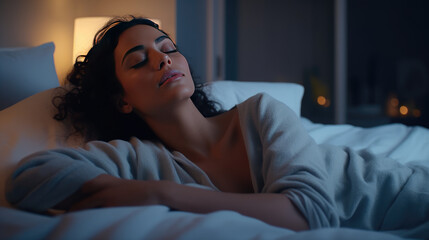 Obraz premium A contented woman as she wakes up and gracefully stretches in her cozy bed