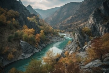 A beautiful scenery of a river winding through mountainous terrain in a rocky canyon. Generative AI