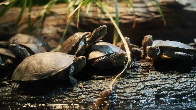 Turtle sitting on the back of a turtle on a tree trunk