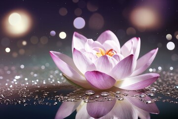 Shimmering lotus and pearls on a sparkling backdrop. Close-up of a reflective lotus in water, pink lily under moonlight. Ideal for wedding invitations. Generative AI