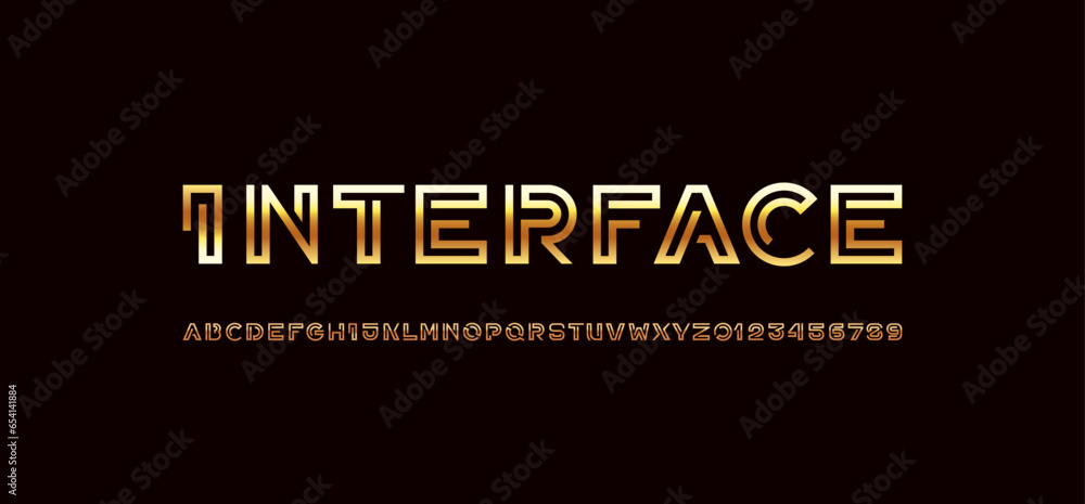 Poster digital style alphabet, font from segment bright metallic line in the golden style letters and numbe