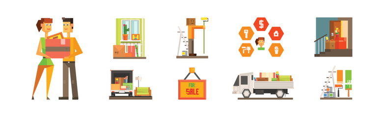 Moving and Changing Apartment Flat Icon and Furniture Item Vector Set