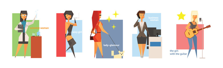 Woman Character with Different Lifestyles and Interests Vector Set