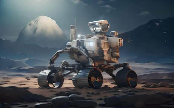 A metal all-terrain vehicle rides on the rocky surface of the planet against the background of rocks. The concept of artificial intelligence and innovative technologies. Generative AI