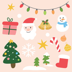 Collection vector illustration of Christmas and New Year decoration elements with Santa Claus, Christmas tree, stars, candy cane, gift, snowflake, snowman, bells.