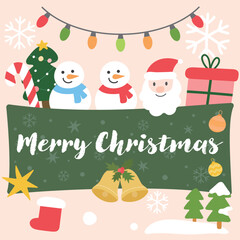 Christmas and New Year greeting card template elements vector illustration with Santa Claus, Christmas tree, stars, candy cane, gift, snowflakes, snowman, bells.