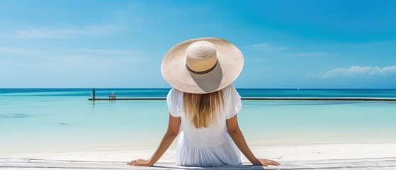 serene beach moment with woman in straw hat, tropical holiday feel - obrazy, fototapety, plakaty