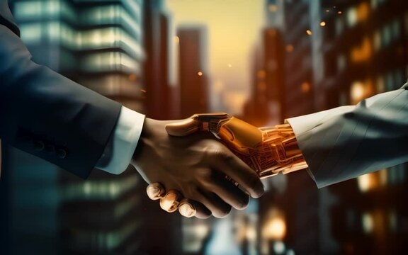 two men in business suits shaking hands over city background. The concept of artificial intelligence and innovative technologies. Generative AI