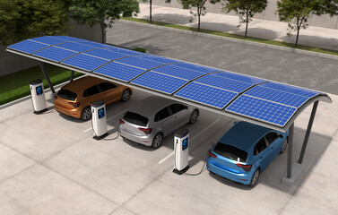 Electric cars are being charged in vehicle parking with solar panel energy, EV Charging Station, Clean energy filling technology.