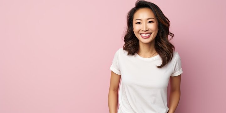 Asian woman on neutral pink background with free space for text, smiling female with white t-shirt standing, ai generated