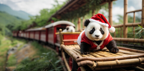 cute baby panda with santa claus costume on the christmas train with bamboo as background - obrazy, fototapety, plakaty