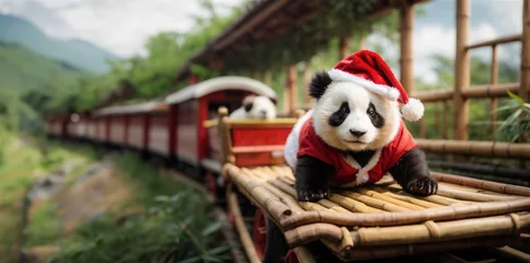 Fototapete cute baby panda with santa claus costume on the christmas train with bamboo as background © gusti