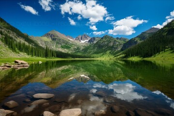 Naklejka na ściany i meble Scenic summer view of the Colorado wilderness with lake, mountains, reflection, and glacier. Generative AI