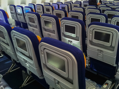 View into Economy Class cabin with seat view onboard Lufthansa Boeing B747-8 Intercontinental taken at Frankfurt Airport on 13 May 2012	