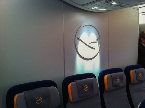 View into Economy Class cabin with seat view onboard Lufthansa Boeing B747-8 Intercontinental taken at Frankfurt Airport on 13 May 2012	