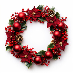 Fototapeta na wymiar Christmas wreath isolated on white background. Top view. Flat lay