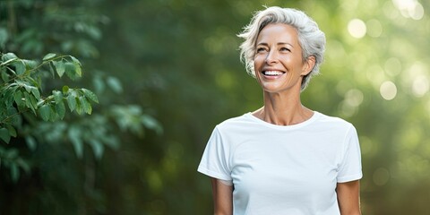 Beautiful mature woman in her fifties with green garden background, smiling senior lady in a white t-shirt, outdoor portrait with copy space - obrazy, fototapety, plakaty